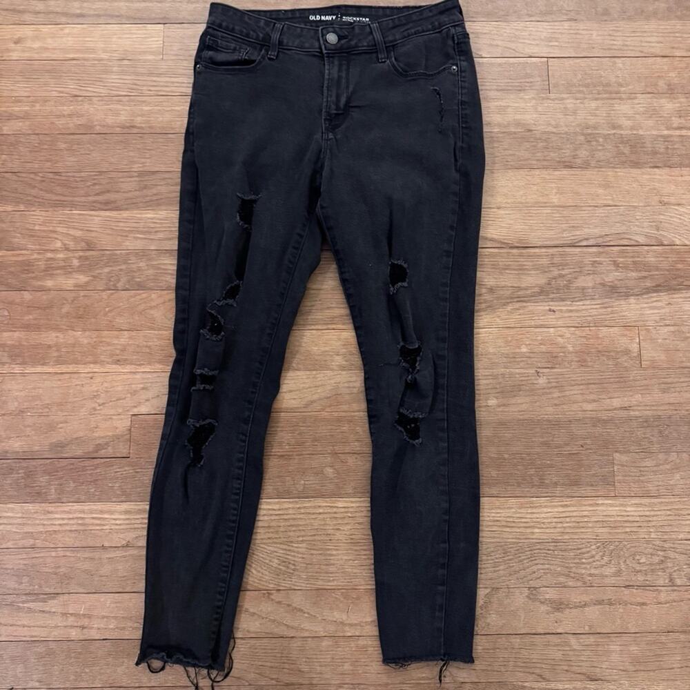 Old Navy women's black mid rise distressed skinny jeans pants size 8
b50